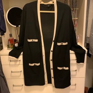 J. Crew XL black merino wool cardigan with gold buttons and cream trim